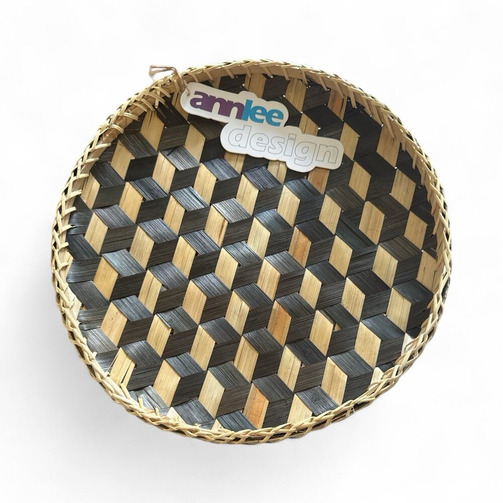 Ann Lee Design Round Serving Tray Black Square Weave 14" x 14" x 1.7"